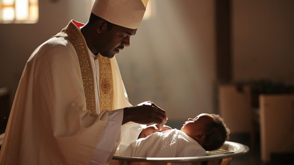 un père qui baptise un bébé ou un enfant à l'église au sénégal copie